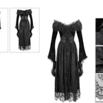 Gothic Off Shoulder Lace Pleated Sexy Women Formal Long Dress With Fur Collar
