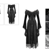 Gothic Off Shoulder Lace Pleated Sexy Women Formal Long Dress With Fur Collar