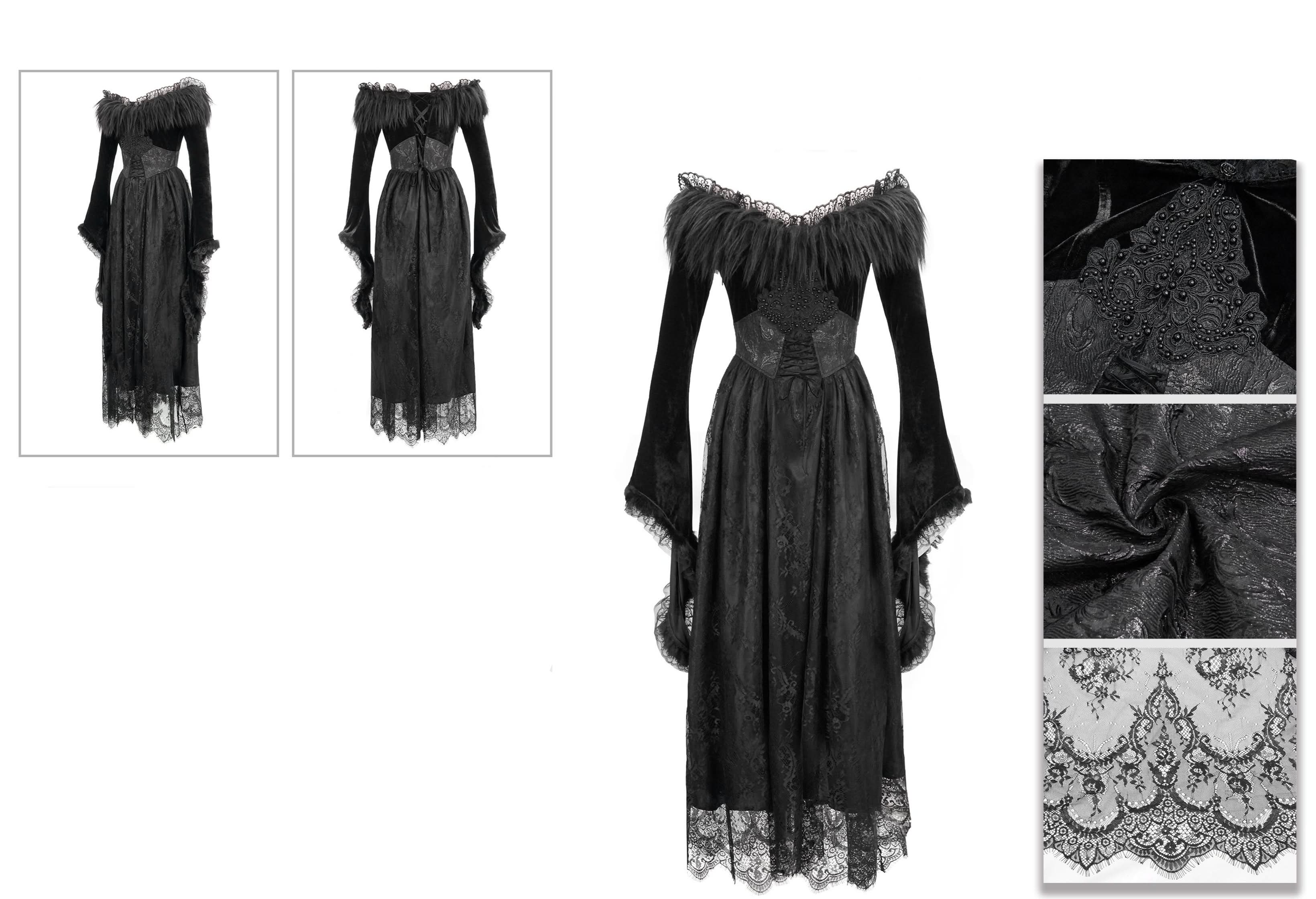 Gothic Off Shoulder Lace Pleated Sexy Women Formal Long Dress With Fur Collar