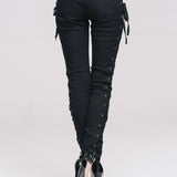 Daily Life Punk Style Lace Up Stretchy Black Women Pants
