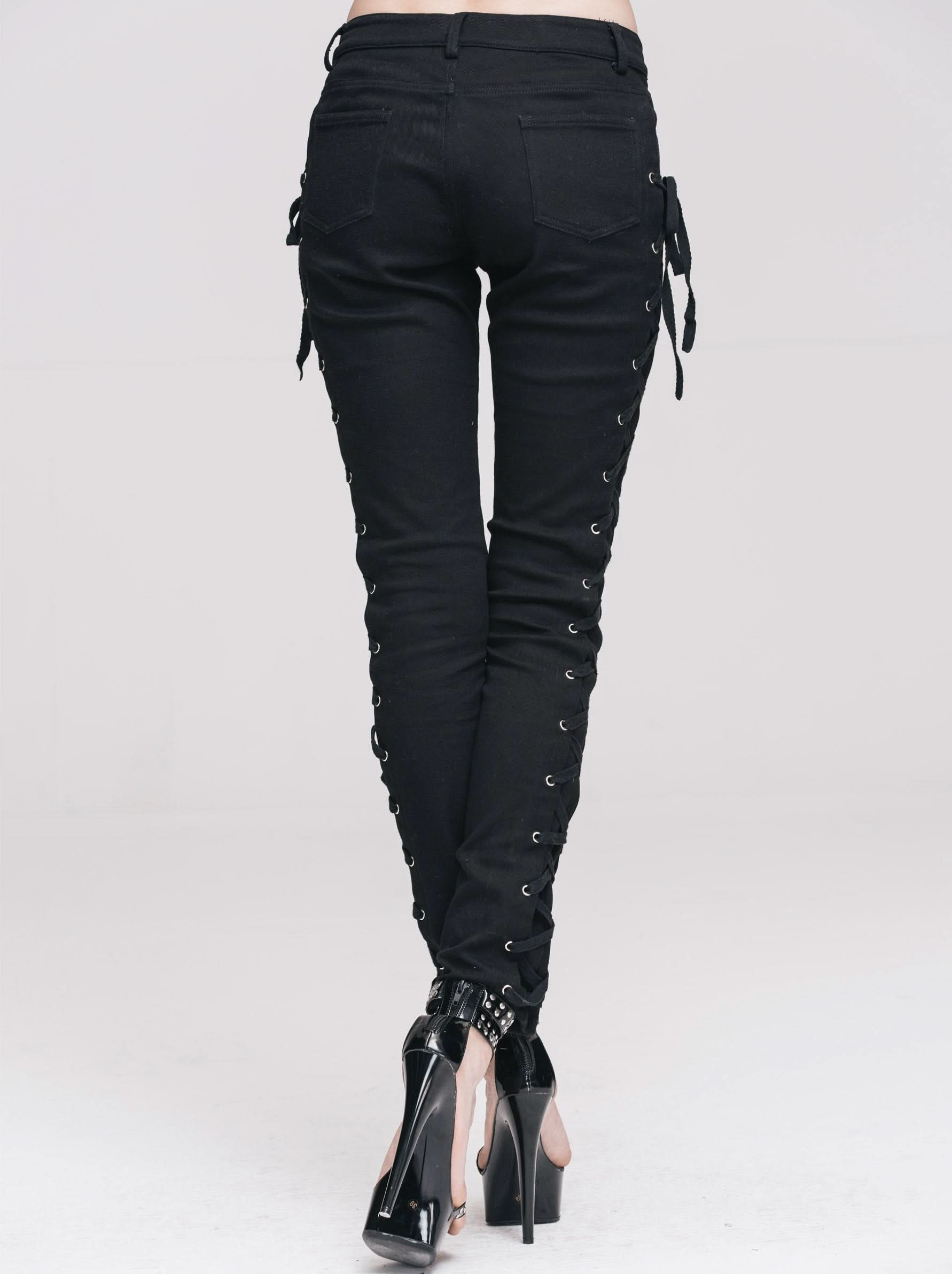Daily Life Punk Style Lace Up Stretchy Black Women Pants
