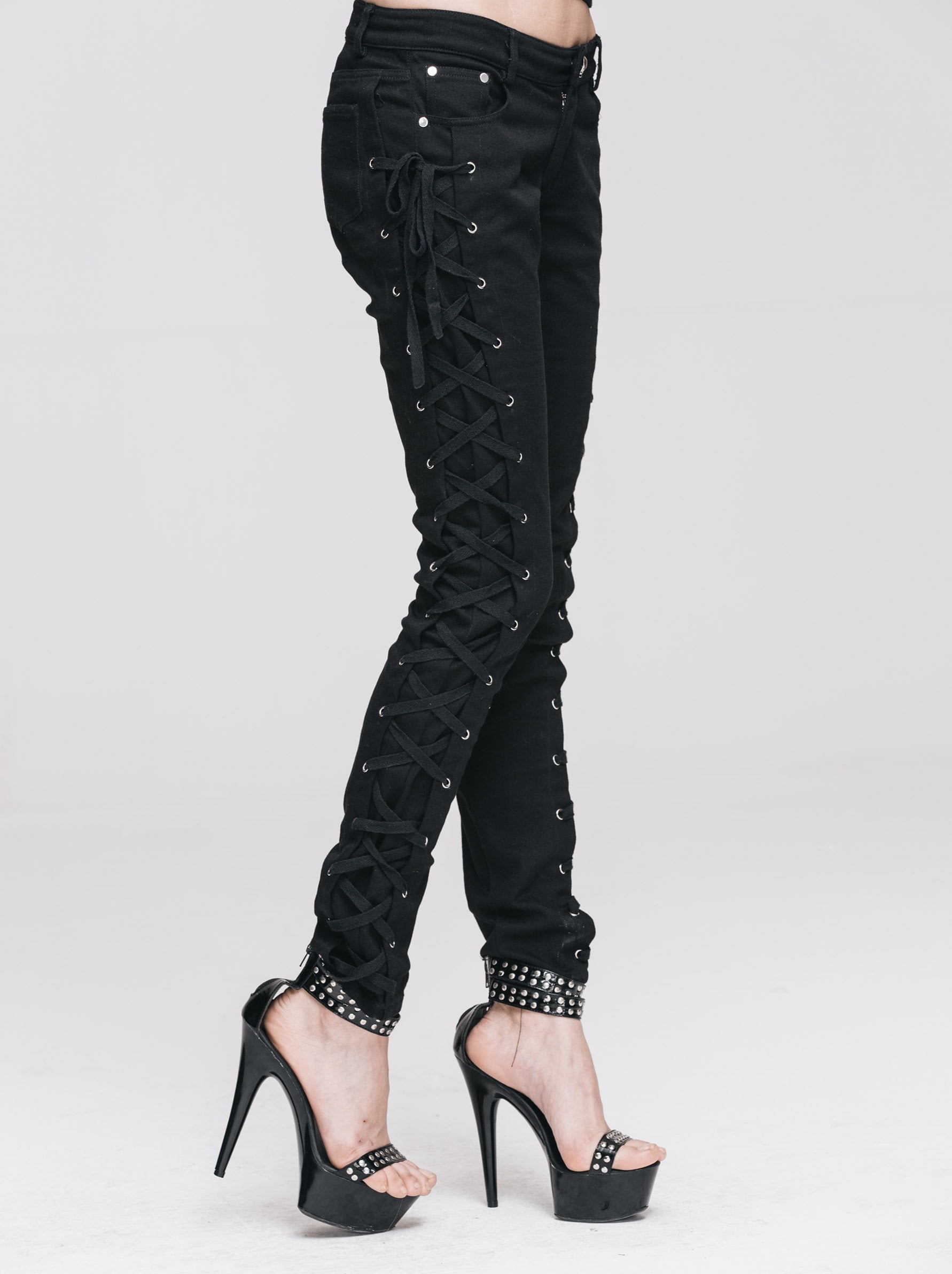 Daily Life Punk Style Lace Up Stretchy Black Women Pants