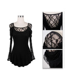 Gothic Small Rose Lace Long Sleeves Modal Mature Women T Shirt With Back Cowls