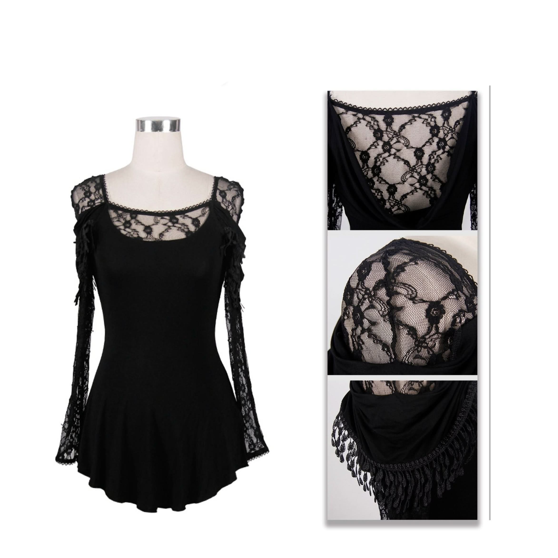 Gothic Small Rose Lace Long Sleeves Modal Mature Women T Shirt With Back Cowls