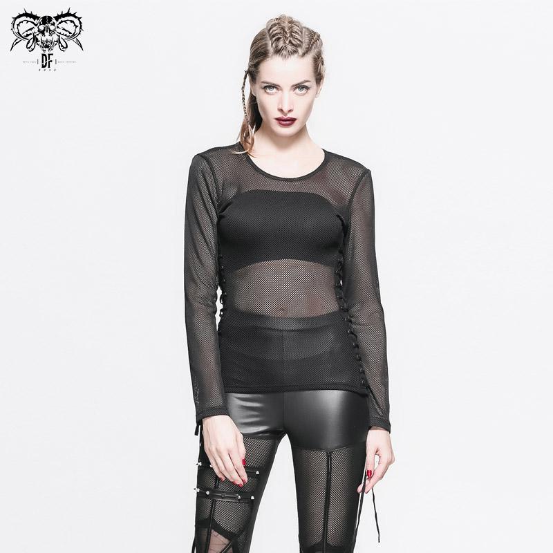 Daily Life Fetish See Through Mesh O Neck Long Sleeve Sexy Ladies Cotton T Shirts