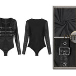 Adjustable Leather Loops Mesh Sleeves Sexy Women Cotton Punk Bodysuits