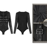 Adjustable Leather Loops Mesh Sleeves Sexy Women Cotton Punk Bodysuits