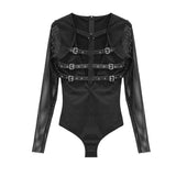 Adjustable Leather Loops Mesh Sleeves Sexy Women Cotton Punk Bodysuits