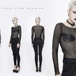 Punk Skeleton Palm Leather Embroidery Fetish Sexy Women Round Collar Mesh T Shirt