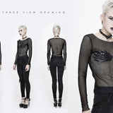 Punk Skeleton Palm Leather Embroidery Fetish Sexy Women Round Collar Mesh T Shirt