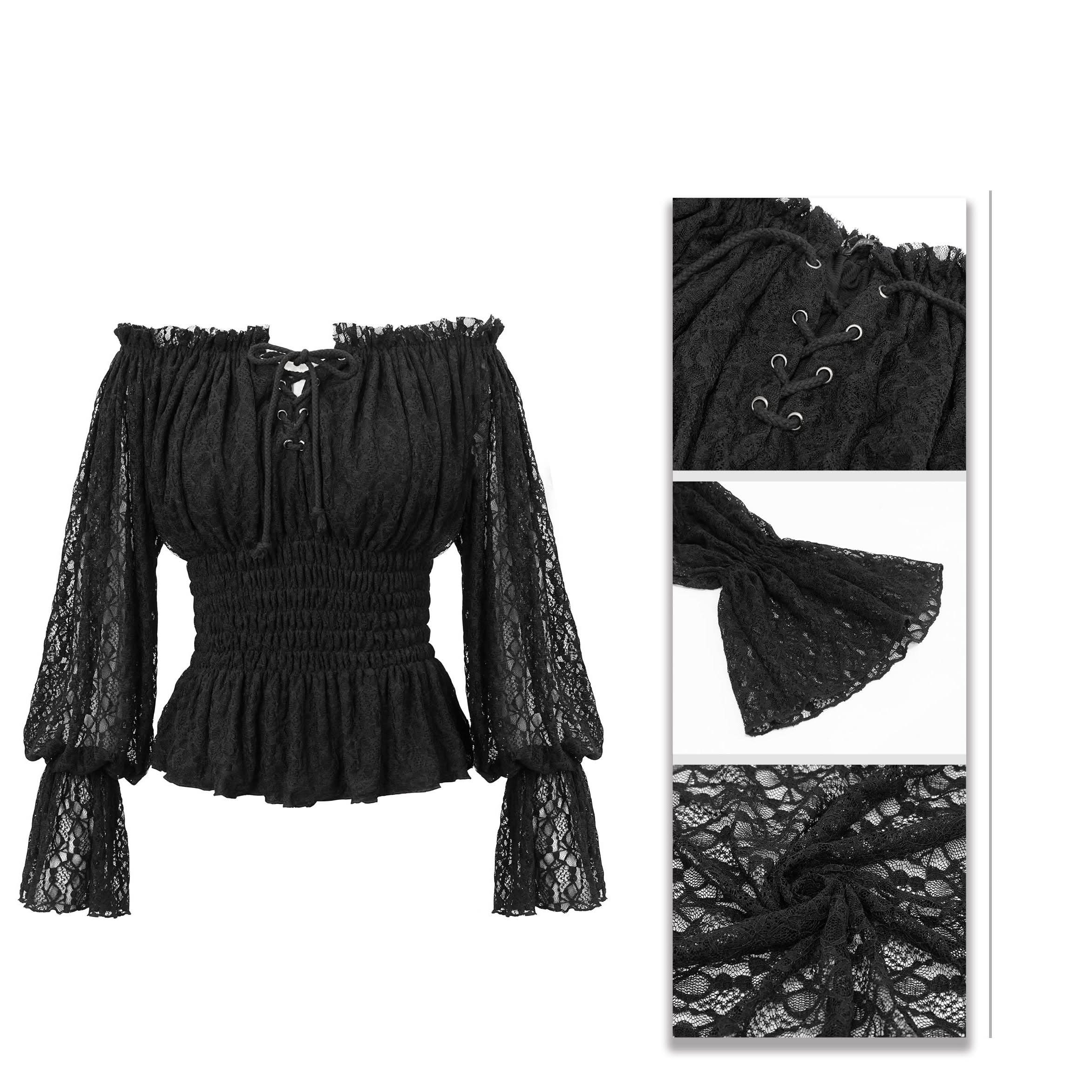 Gothic Daily Life Off Shoulder Elastic Waist Lantern Sleeve Lace Sexy Women T Shirt