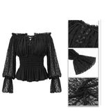 Gothic Daily Life Off Shoulder Elastic Waist Lantern Sleeve Lace Sexy Women T Shirt