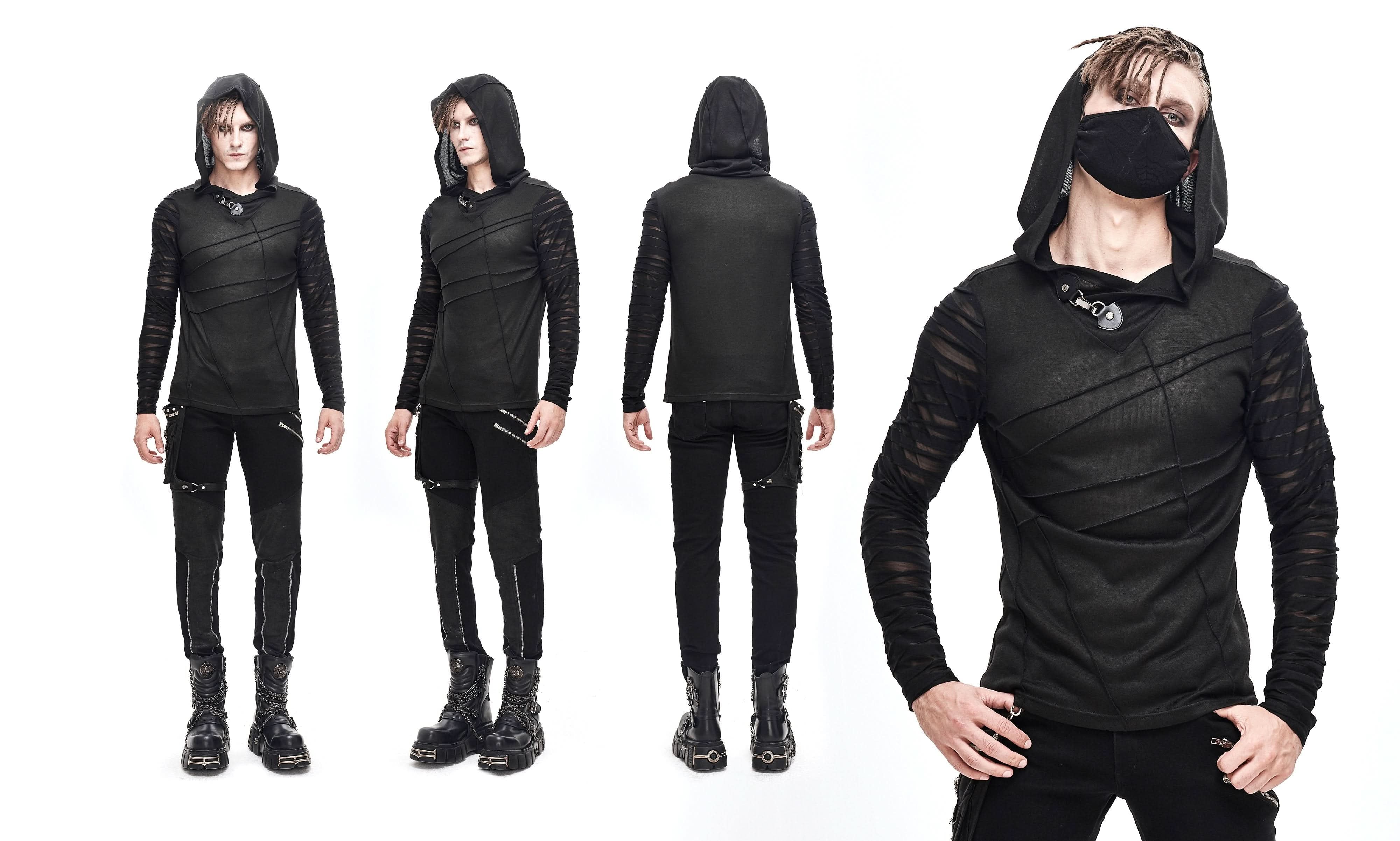 Everyday Wear Men Irregular Striped Patchwork Punk Bandage Hooded Top