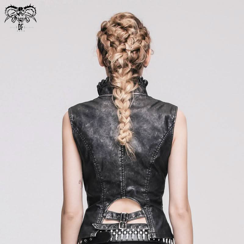 Black And Silver Big Opening Chest Wave Collar Sexy Lady Leather Waistcoats