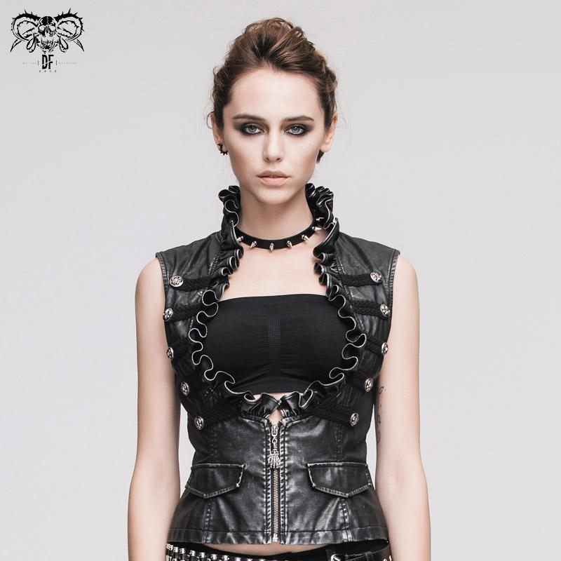 Black And Silver Big Opening Chest Wave Collar Sexy Lady Leather Waistcoats