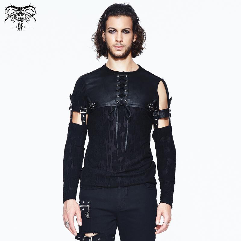 Daily Punk Leather Spliced Irregular Detachable Sleeve Lace Up Men T Shirt