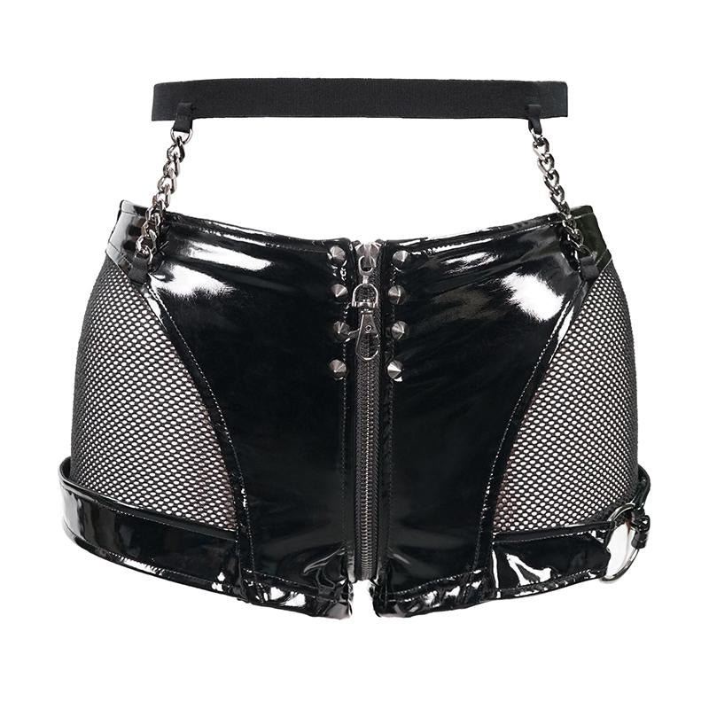 'Erotic City ' PU Leather Shorts with Mesh Panels and Metal Embellishm ...