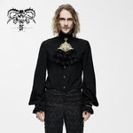 Men Gothic Black And Gold Embroidered Lace Sleeves Bow Tie Chiffon Shirts