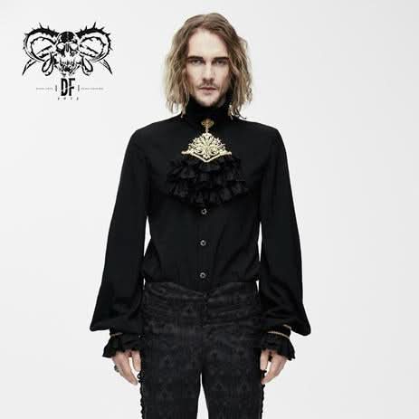 Men Gothic Black And Gold Embroidered Lace Sleeves Bow Tie Chiffon Shirts