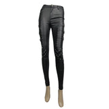 Sexy Women Rivets Studded Skinny Coarse Grain Leather Pants With Adjusted Loops