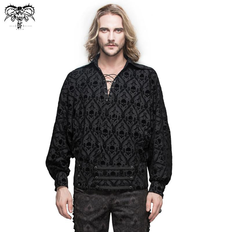 Spring Gothic Lace Up Neckline Skull Printed Men Shirt With Braids