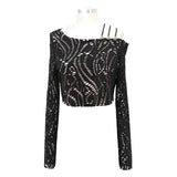 Japanese Fashion Daily Life Off The Shoulder Punk Hollow Out Sexy Women Long Sleeve T Shirt