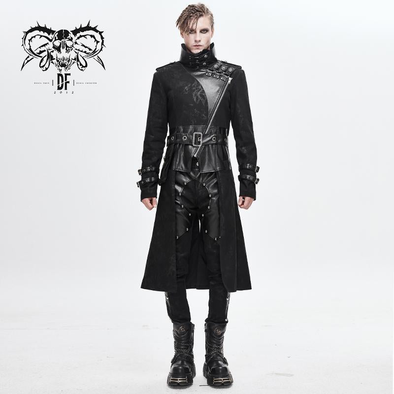 Winter Military Uniform Open Collar Printed Punk Men Belted Long Coat With Bag