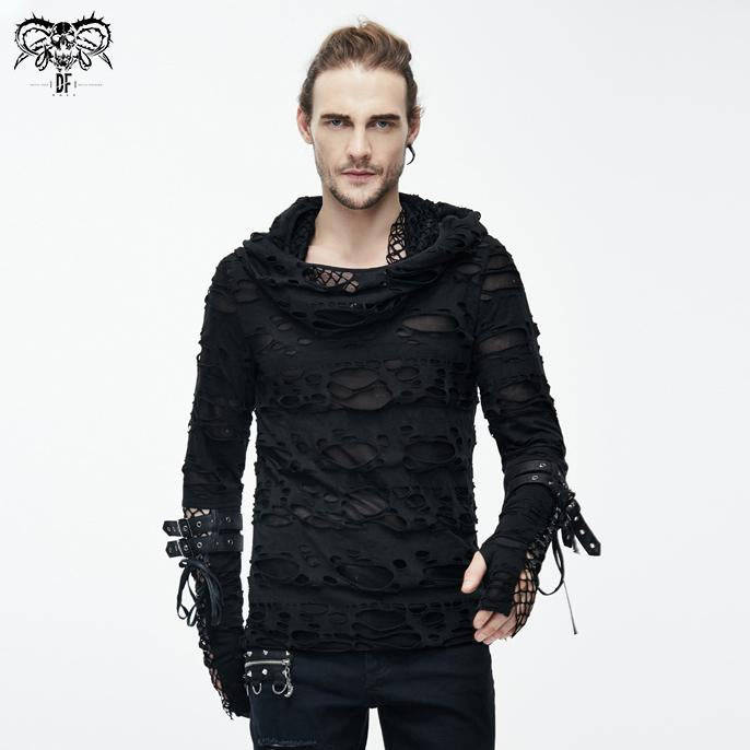 Punk Men Ripped Finger Covered Autumn Hooded Black Top
