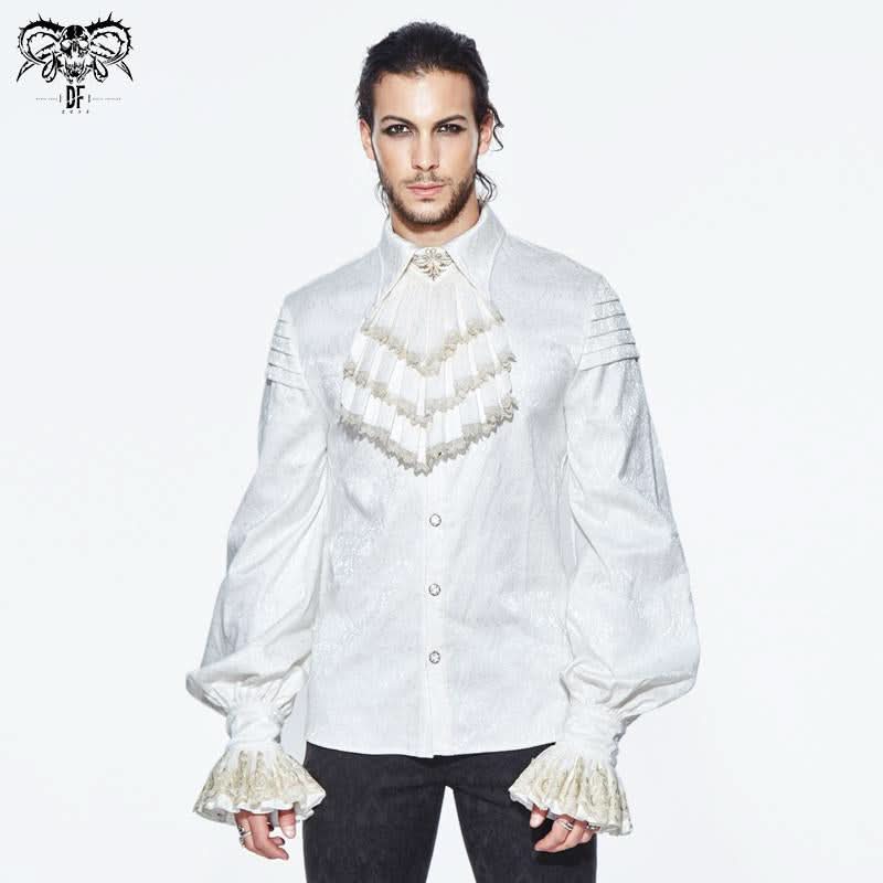 Gold Embroidered Bow Tie Ruffled Sleeves Jacquard White Gothic Men Shirts