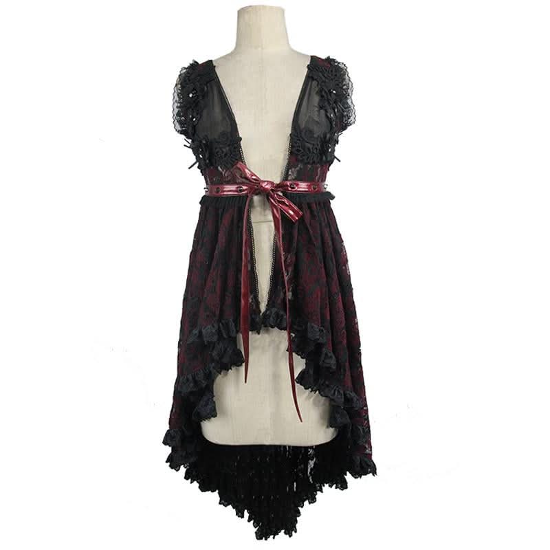 Ladies Red Sleeveless Lolita Rose See Through Lace Belted Sexy Lingerie