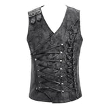 Autumn Punk Rock Fog Flower Patterned Lace Up Black Men Leather Waistcoat