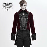 Wine Court Jacquard Retro Gothic Men Velvet Dress Coat With Slit