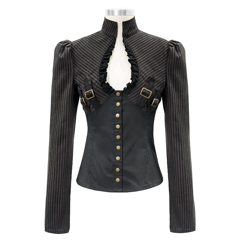 Black And Coffee Steampunk Striped Low Collar Bare Breast Sexy Women Blouse