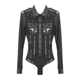 Military Uniform Style Patent Leather Mesh Spliced Sexy Ladies Punk Jumpsuits