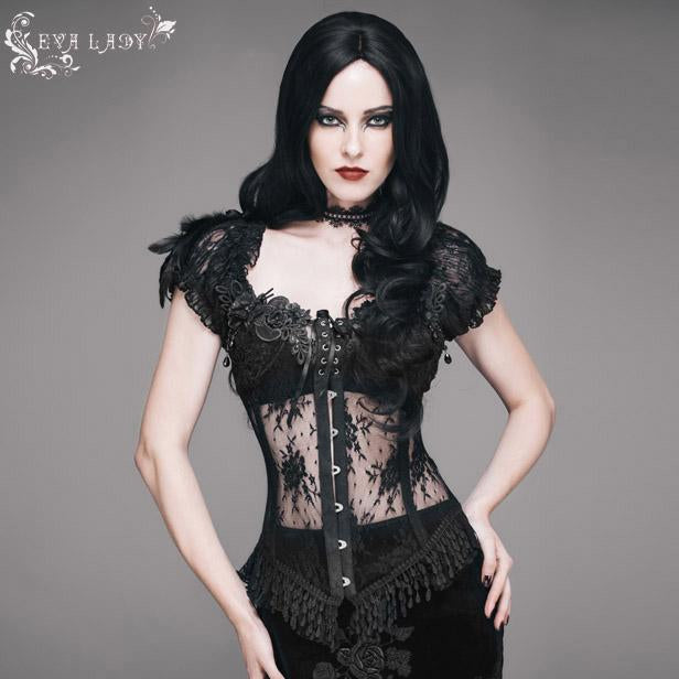 Gothic Adjustable Steel Buckles Fishbone Transparent Lace Corset With Feather Flowers