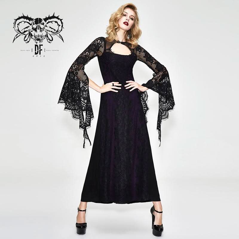 Gothic Purple Positioning Flower Elegant Women Lace Flared Long Sleeves Dress