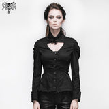 Women Small Collar Pleated Sleeves Everyday Wear Black Elastic Blouse With Bead Pins