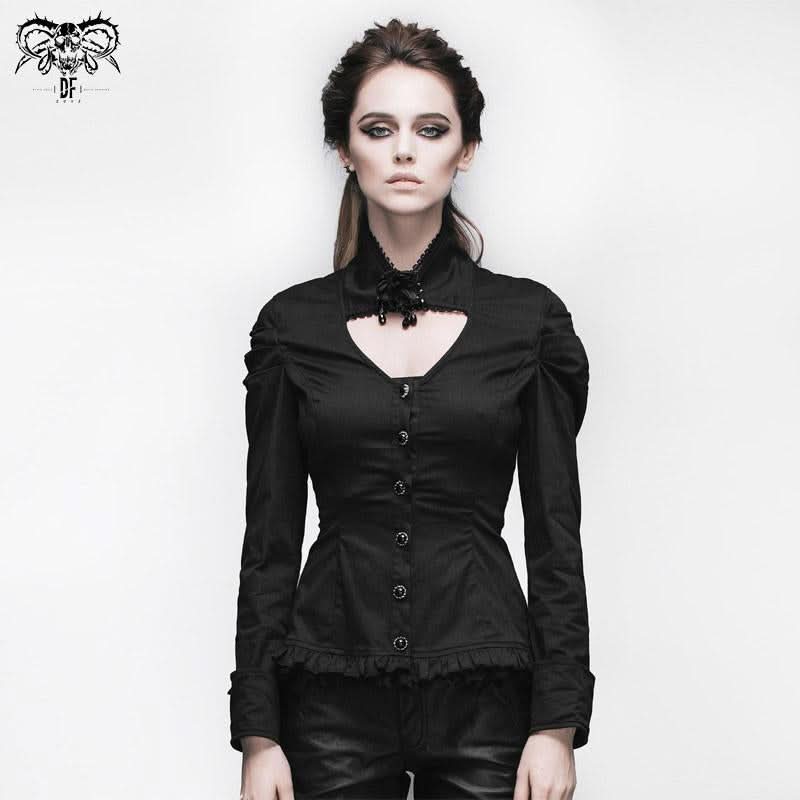 Women Small Collar Pleated Sleeves Everyday Wear Black Elastic Blouse With Bead Pins