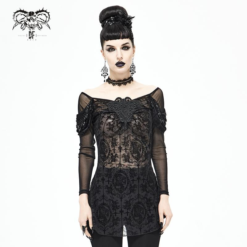 'Shadow Song' Gothic Mesh Top With Boat Neckline