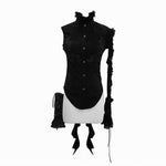 Summer Gothic Black Women Twining Ruffled Lace Sleeves Swallowtail Chiffon Blouse