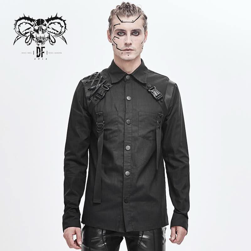 Cyberpunk Metallic Dark Long Sleeves Men Bamboo Shirt With Straps