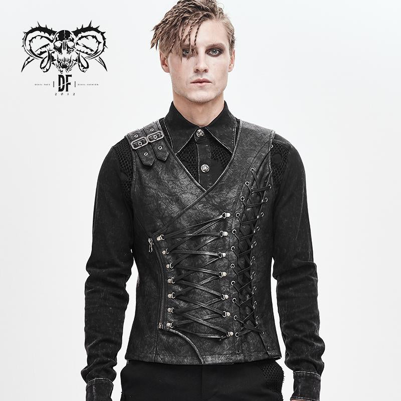 Autumn Punk Rock Fog Flower Patterned Lace Up Black Men Leather Waistcoat