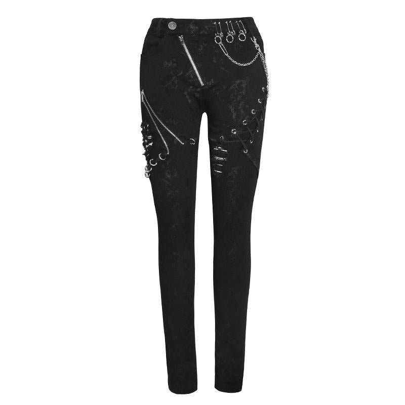 Spring Punk Streetwear Printed Stretch Fitted Women Black Pants With Zippper