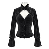 Gothic Stand Collar Crimped V Neck Sexy Ladies Velvet Shirt With Dovetail