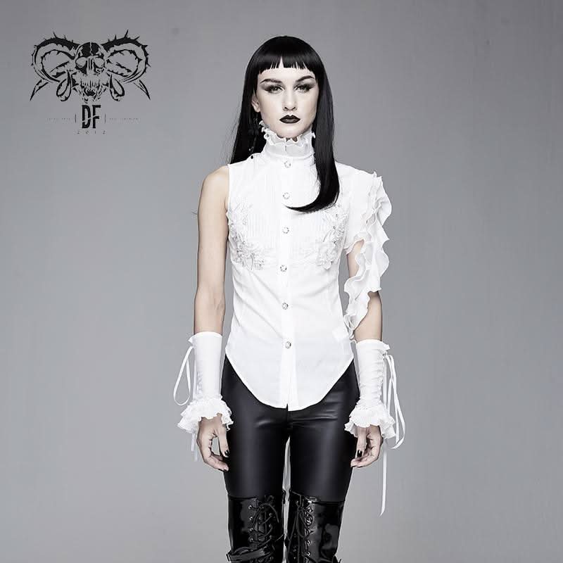 Summer Gothic White Women Ruffled Lace Sleeves Swallowtail High Collar Blouse