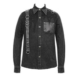 Spring Asymmetric Design Mesh Spliced Punk Rock Black Men Shirts With Straps And Pocket