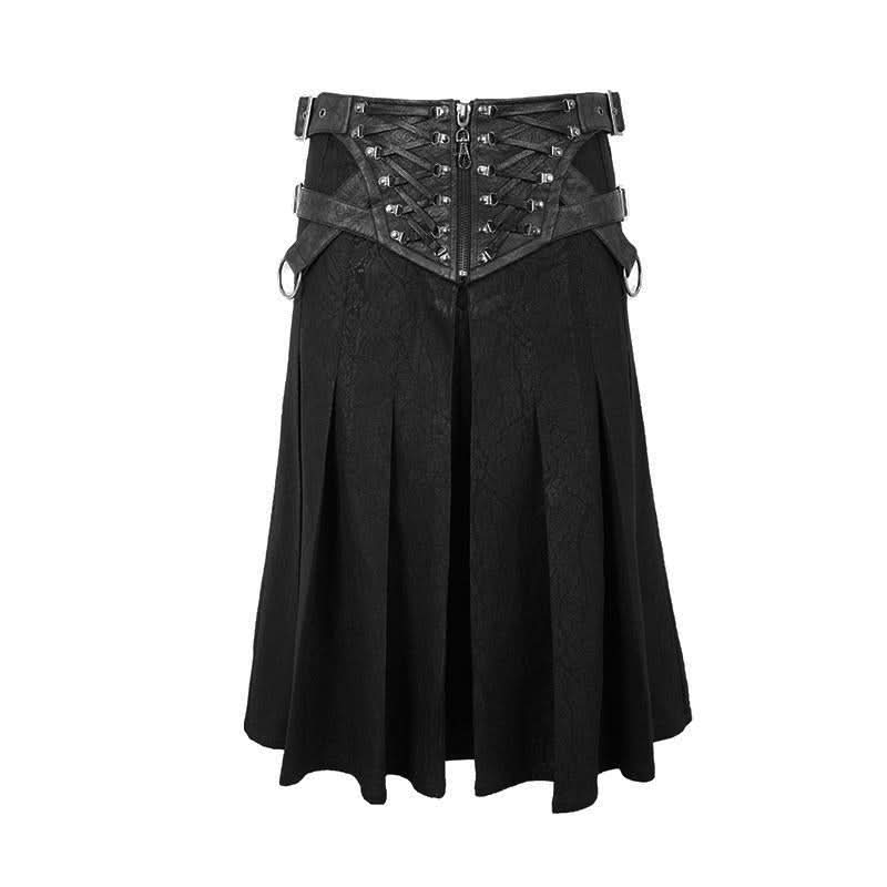 Punk Metallic Mist Textured Leather Waistband Dark Grain Pleated Men Kilts