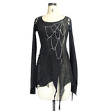 Punk Asymmetrically Broken Holes Spider Web Shape Chains Cotton Sexy Women T Shirt