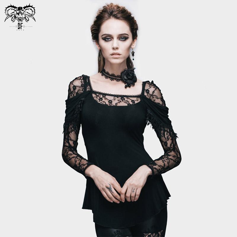 Devil Fashion Black Sexy Gothic Flower Beading Short Top for Women 