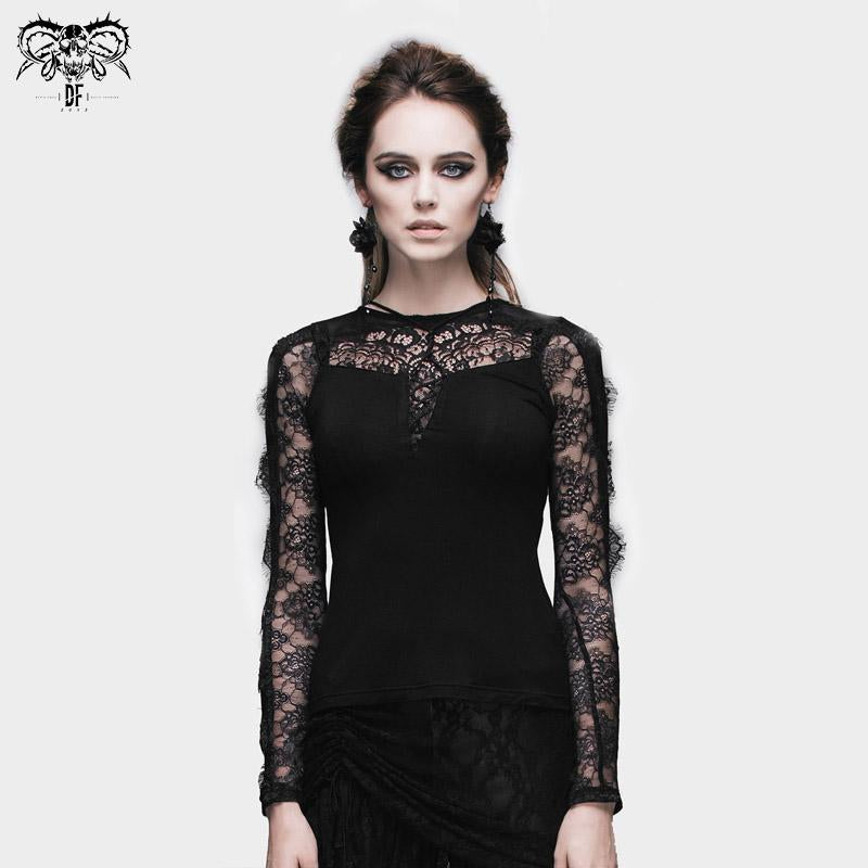 Devil Fashion Black Sexy Gothic Flower Beading Short Top for Women 